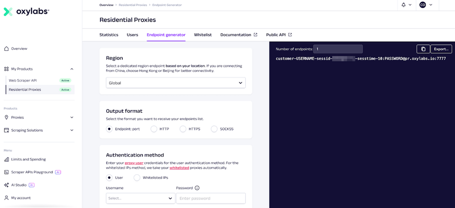 Oxylabs residential proxies interface