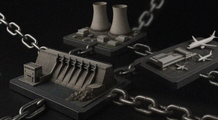 grey city, factories, airports, damn - dark grey figures connected with huge chain