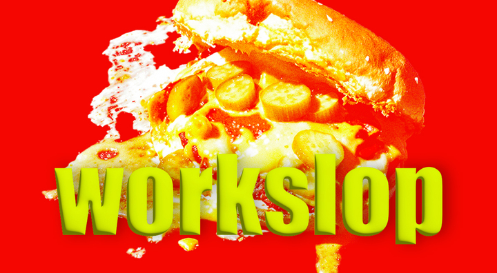 sloppy sandwitch in yellow and red, pickles, bread, cheese, bread. yellow workslop sign