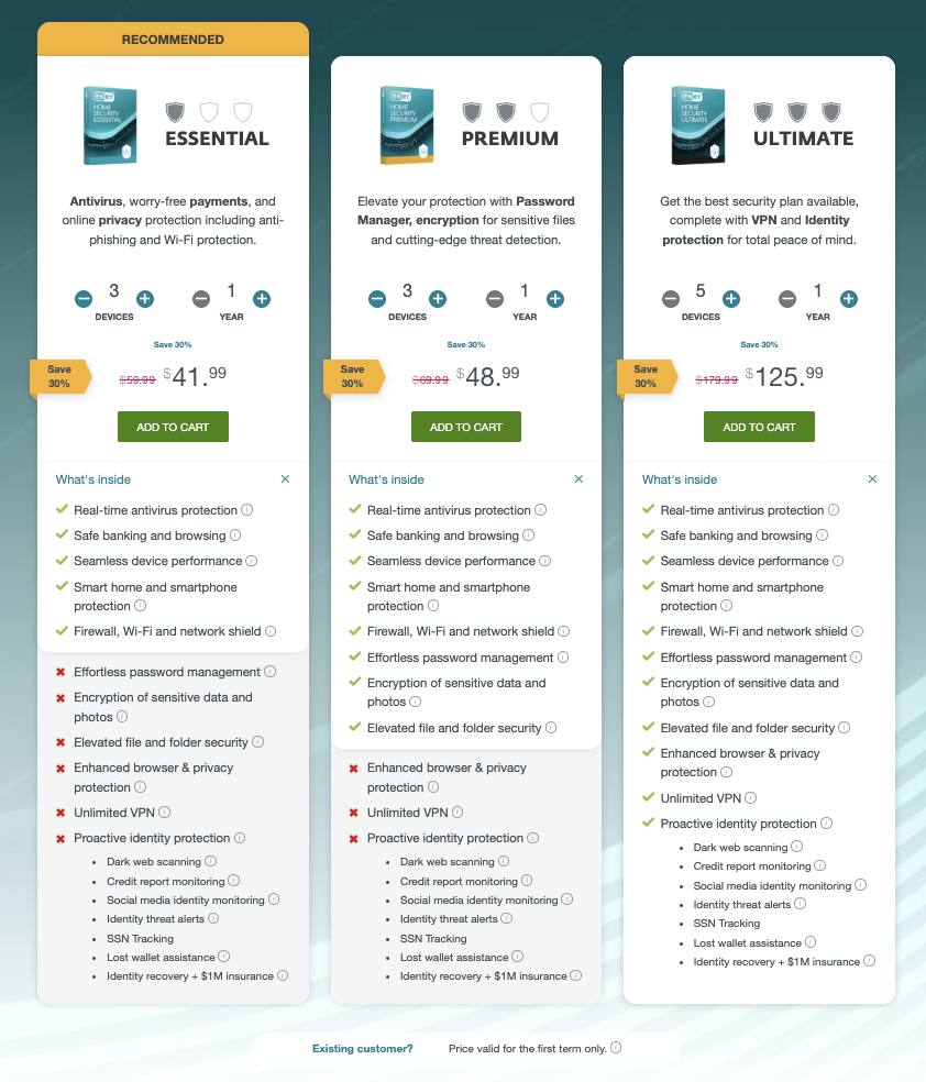 SV eset pricing page