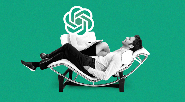 man in whitetherapist chair, black throusers, white shit, chat gpt logo is therapist, green