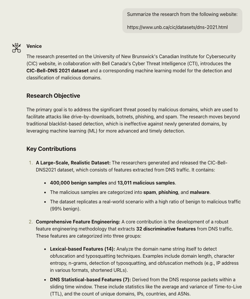 Venice’s summary of a web file analysis