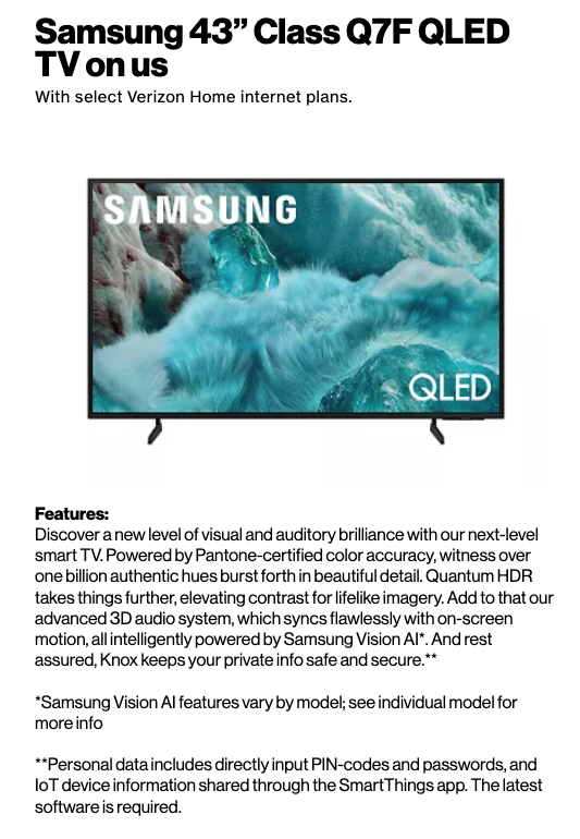 Free Samsung 43" Class Q7F QLED TV deal details on Verizon