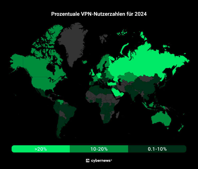 VPN-Nutzung, Deutschland und international, Weltkarte mit Prozentangaben