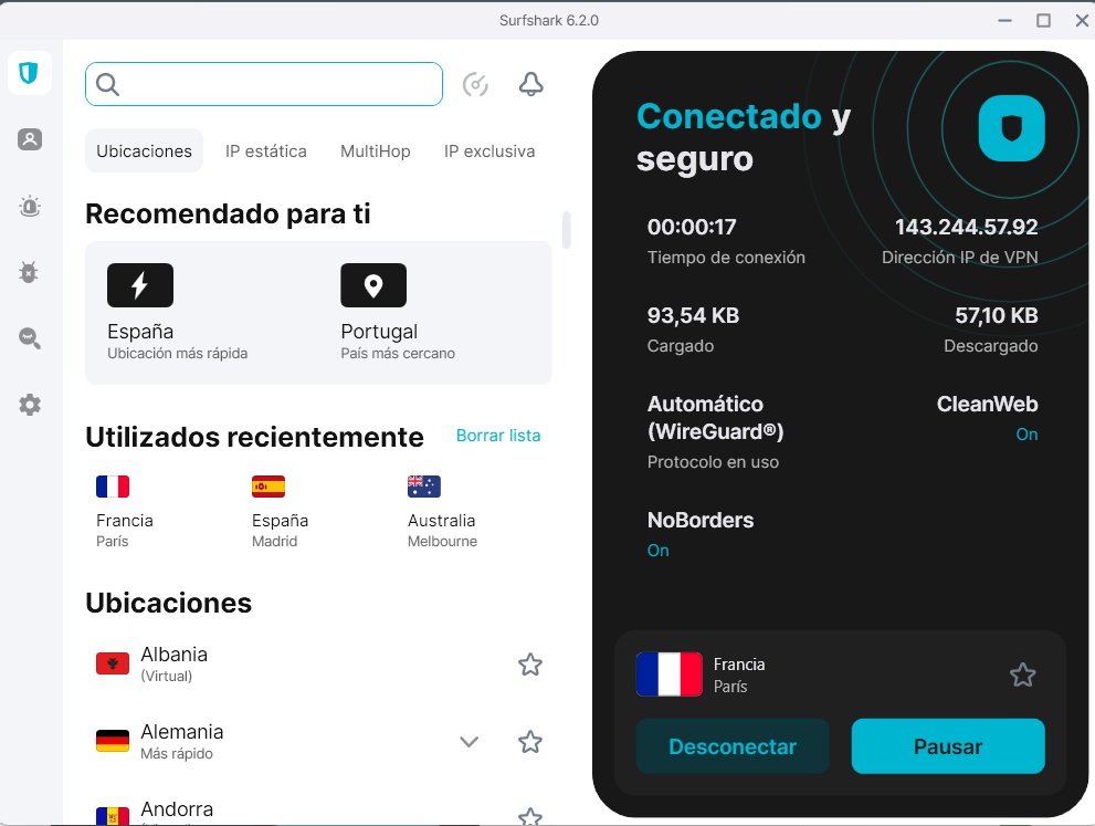 Surfshark FR interface on desktop ES