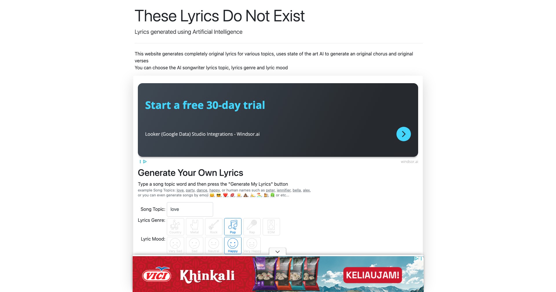 AI Lyrics Generator Screenshot