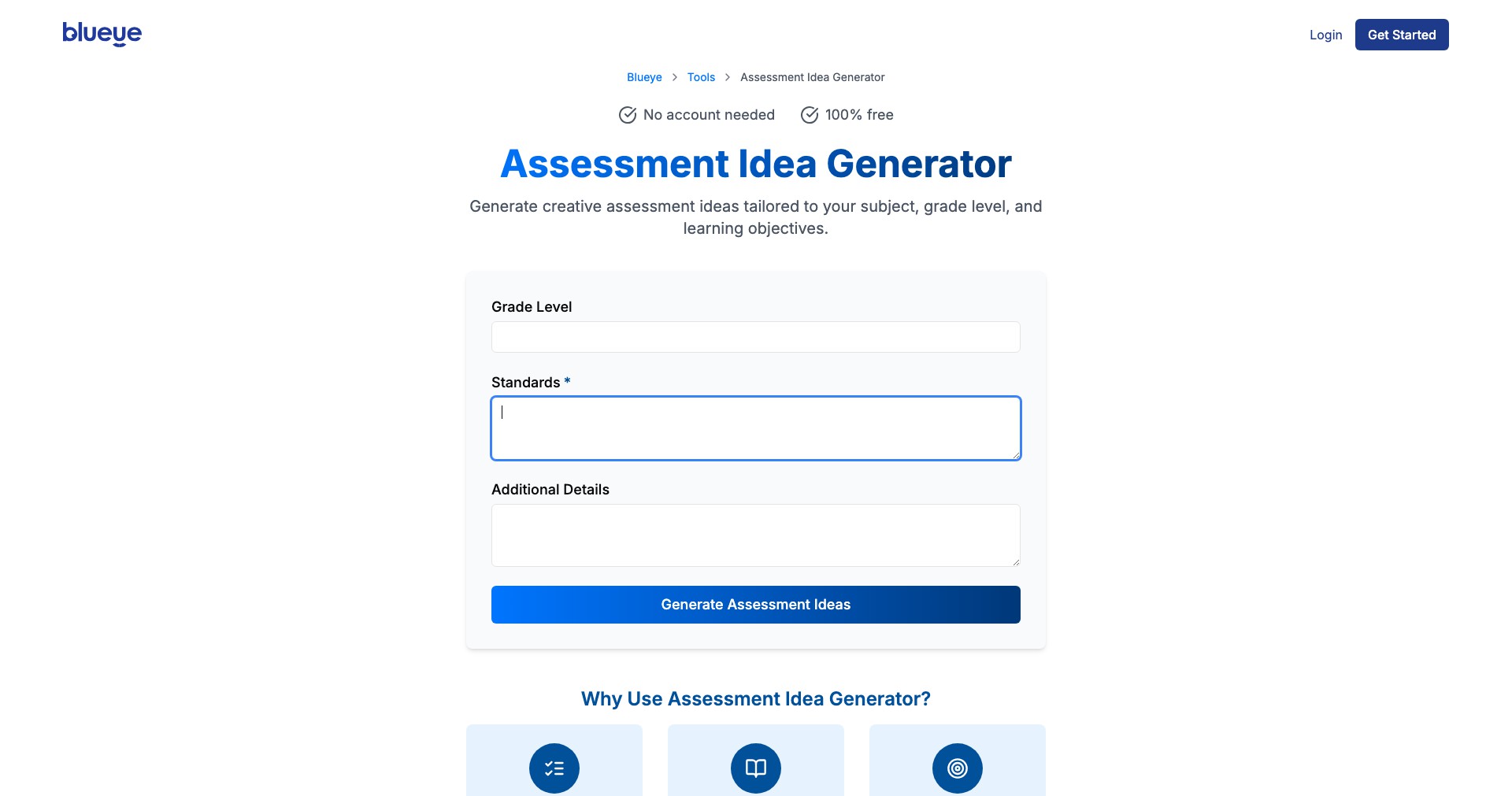 Assessment Idea Generator from Blueye Screenshot
