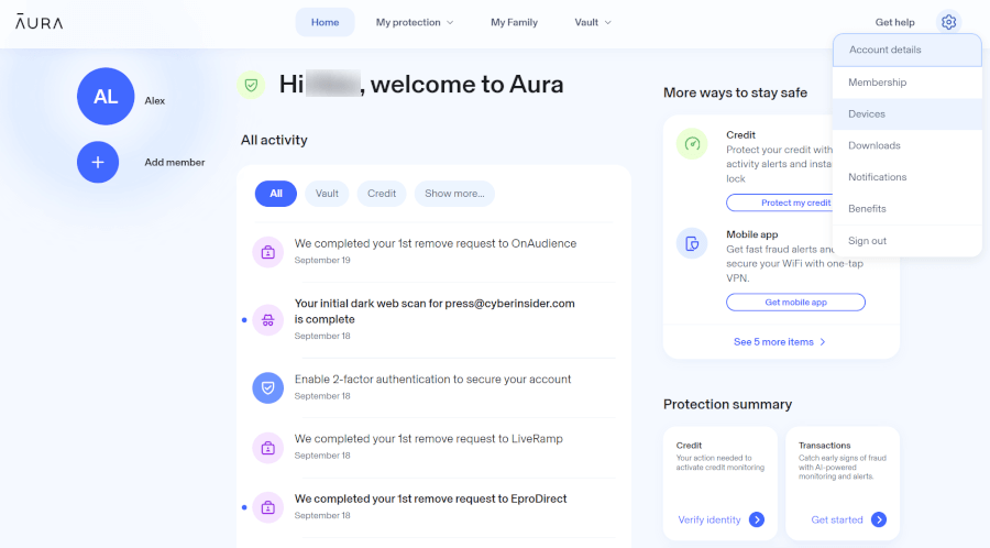 Aura's data removal service dashboard