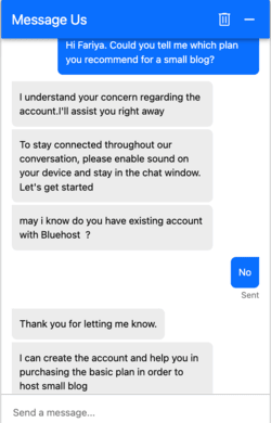 Live chat with a Bluehost support agent