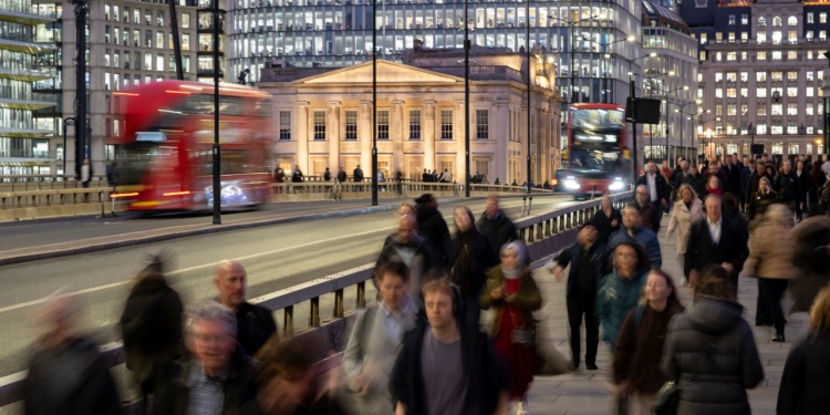 A busy photo of London during rush hour.