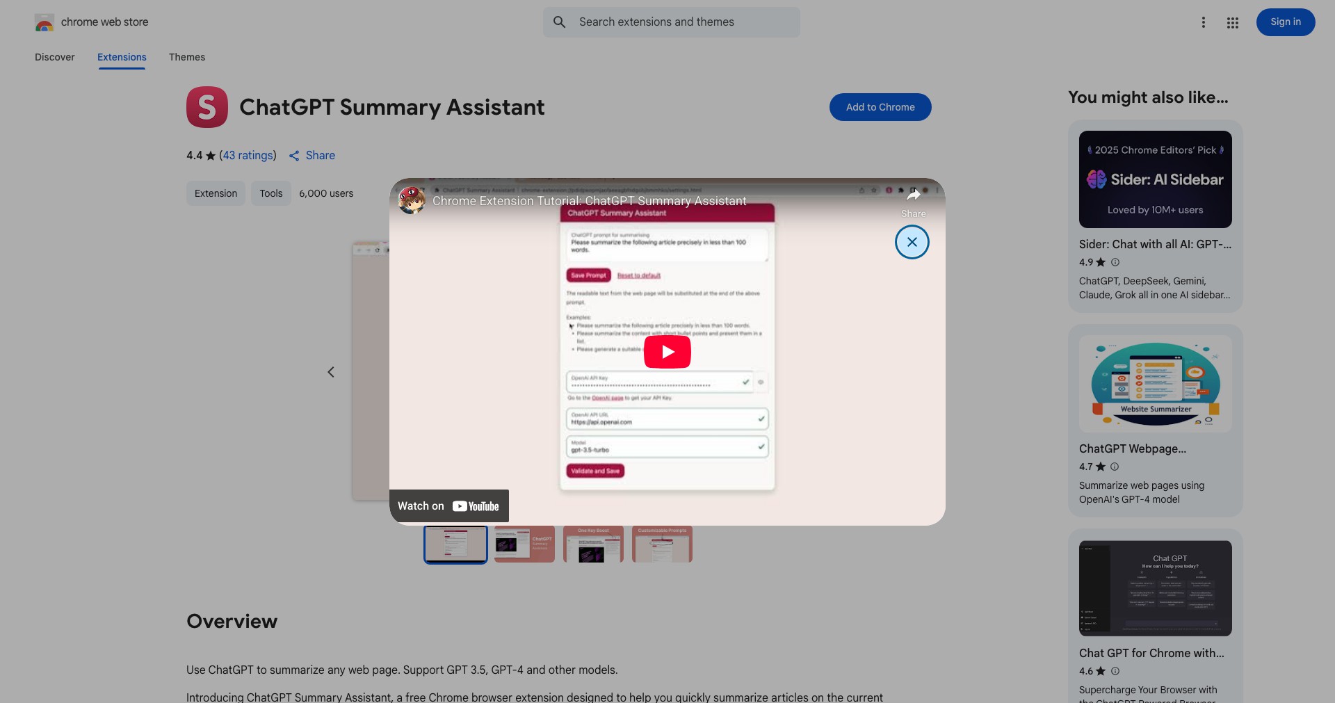 ChatGPT Summary Assistant Screenshot