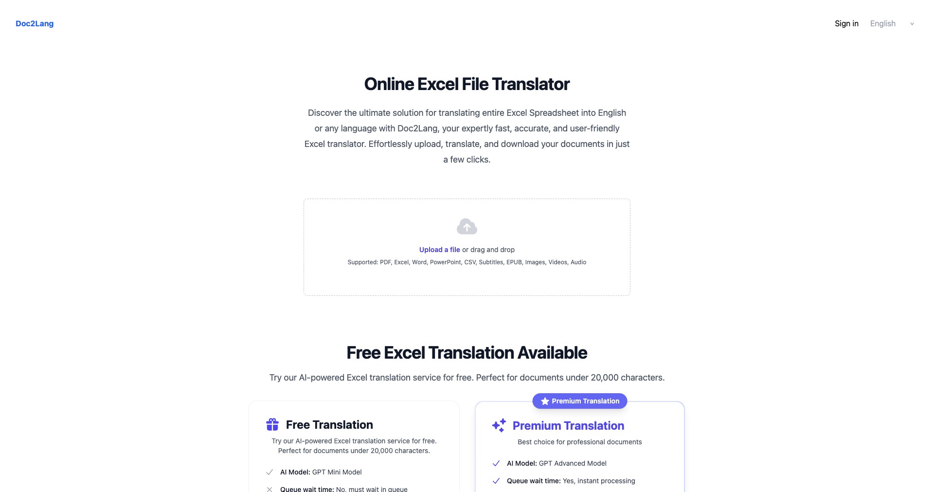 Doc2Lang Online Excel Translator Screenshot