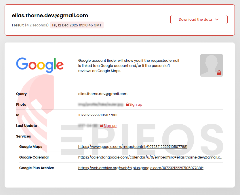 What Epieos found based on the email