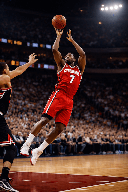 Player in Cybernews jersey performing a jumpshot