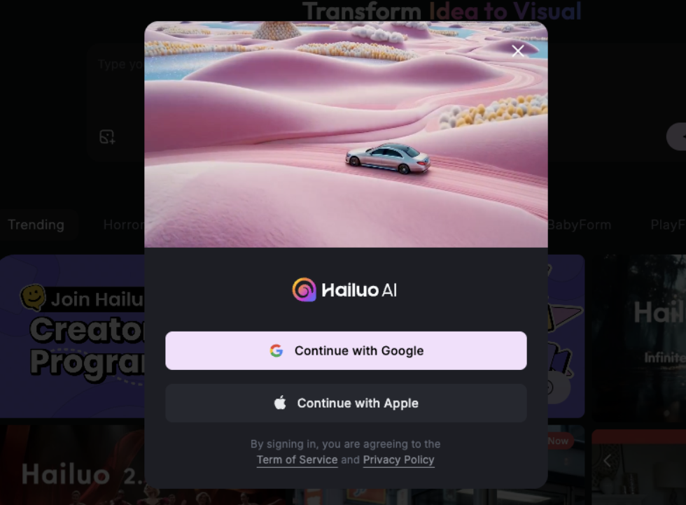 Hailuo AI login with Google or Apple 