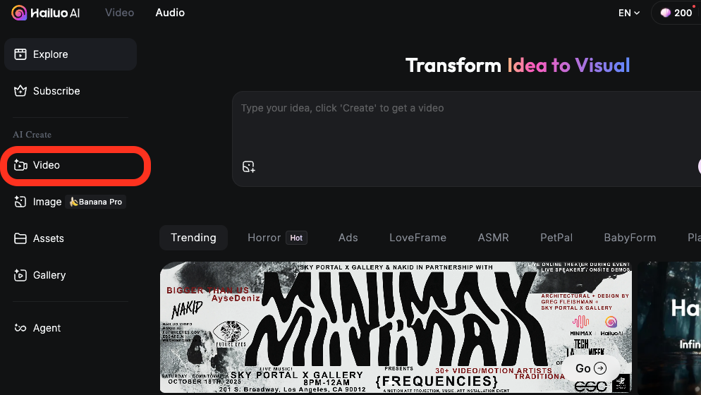 Hailuo AI video creation tab