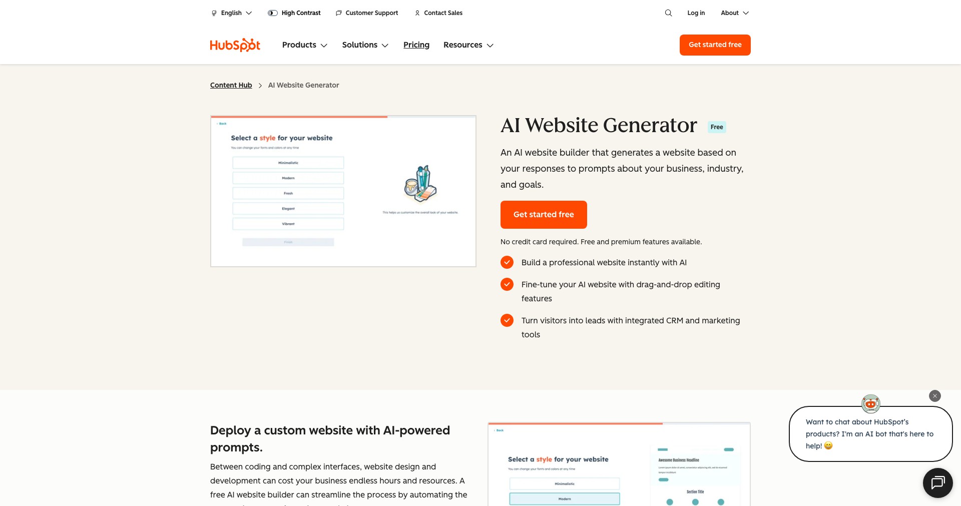 HubSpot AI Website Generator Screenshot