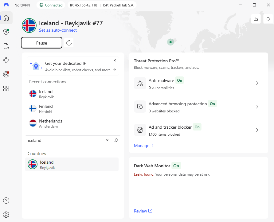 NordVPN connection to Iceland