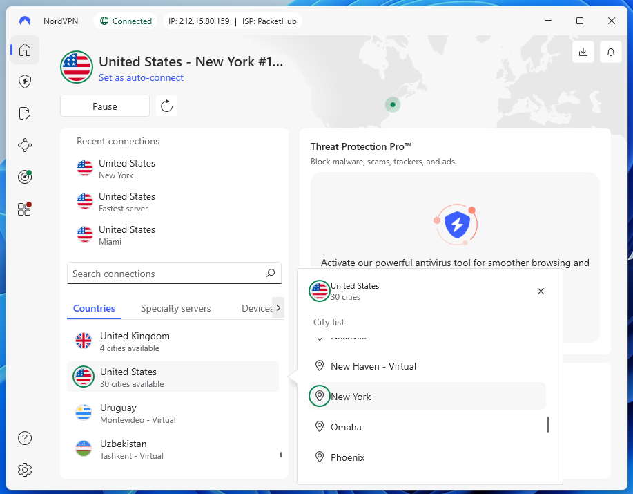 NordVPN connected to a New York server