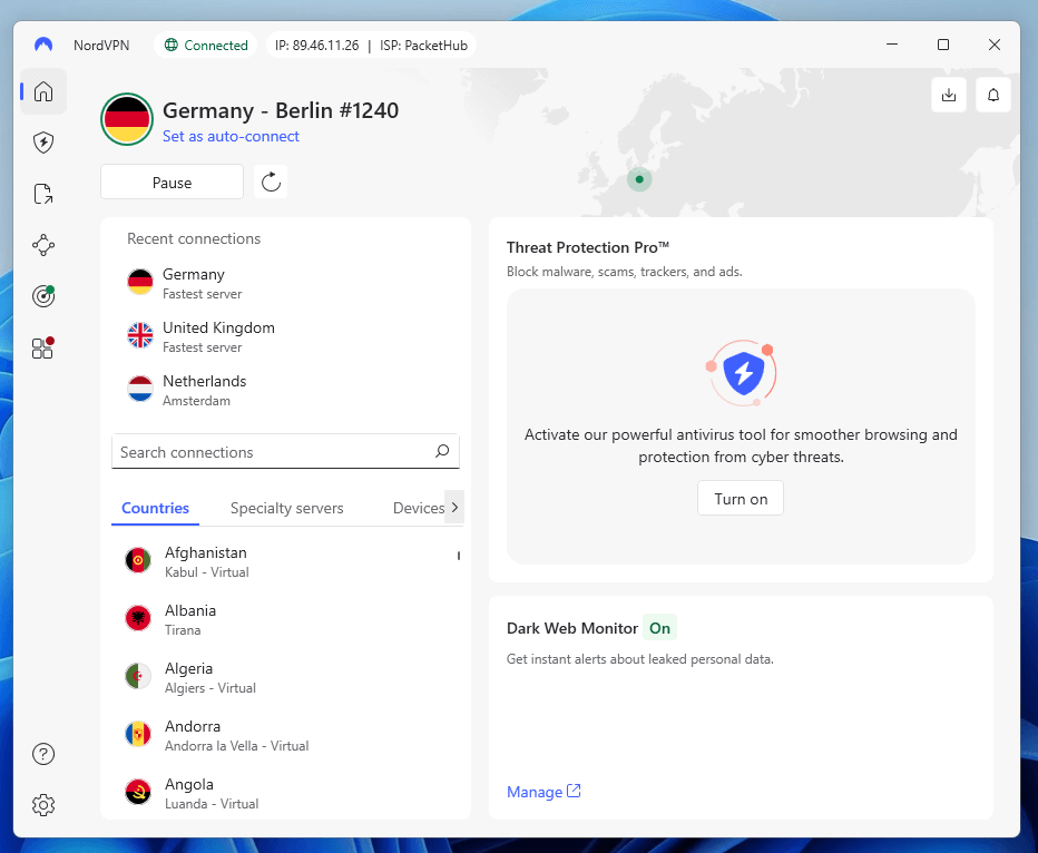 The NordVPN interface on its Windows app germany