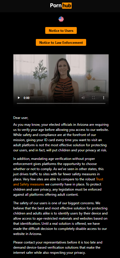 Pornhub notice for Arizona viewers