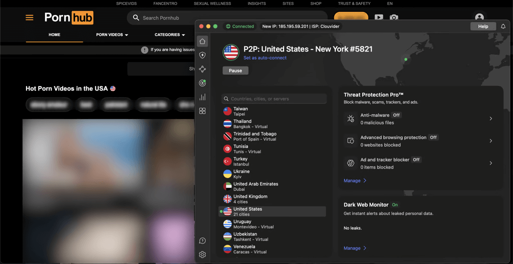 Pornhub unblocked NordVPN connected New York