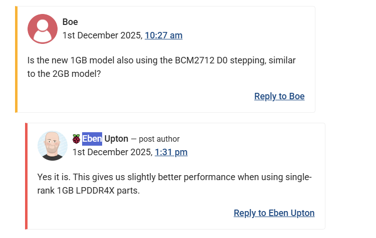 screenshot from a forum, Eben Upton, bald man, replies to Boe