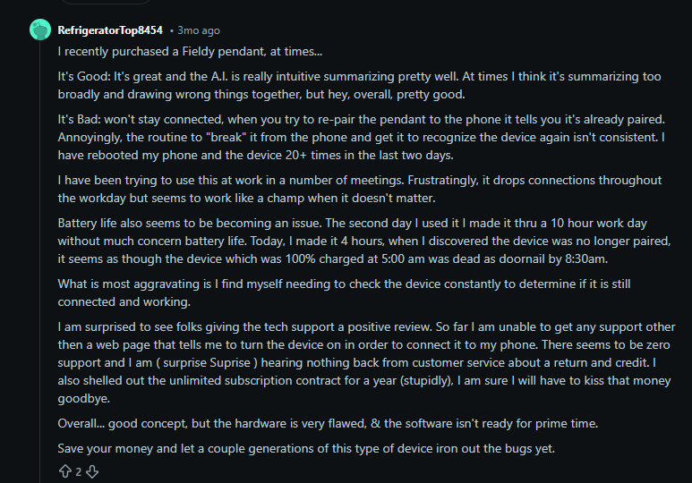 Fieldy Reddit user review