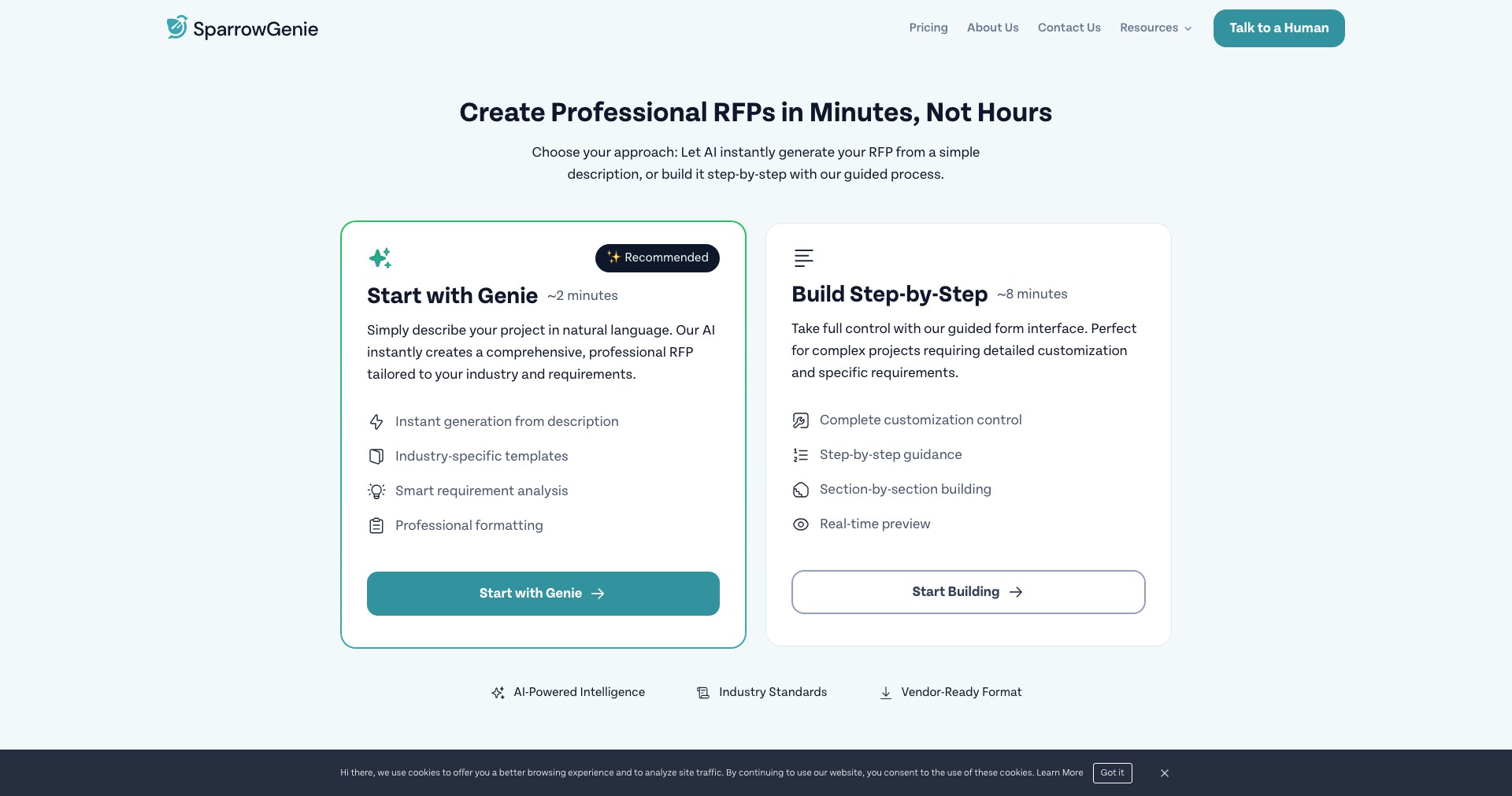 SparrowGenie | Free RFP Generator Screenshot