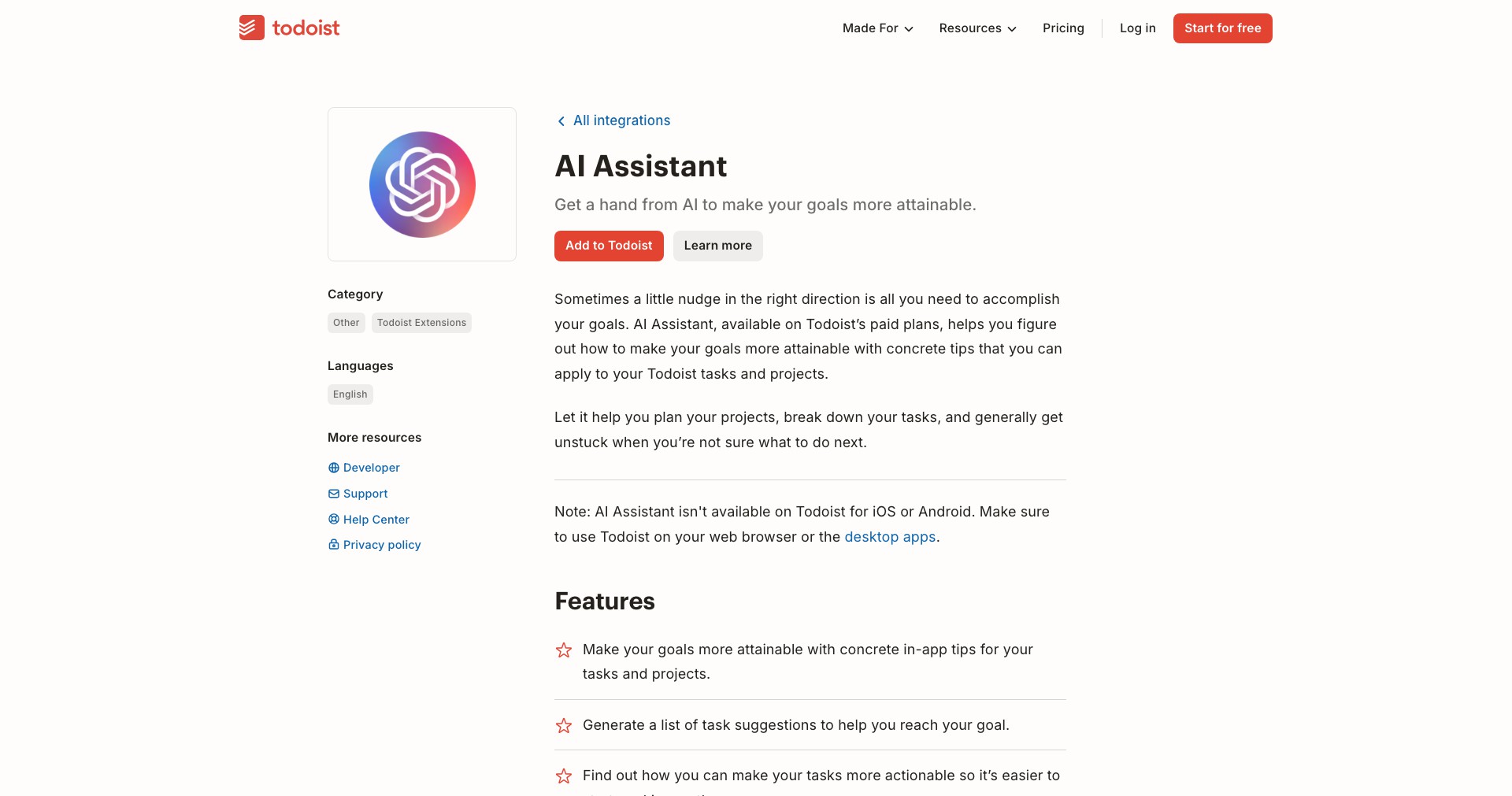 Todoist AI Assistant Screenshot