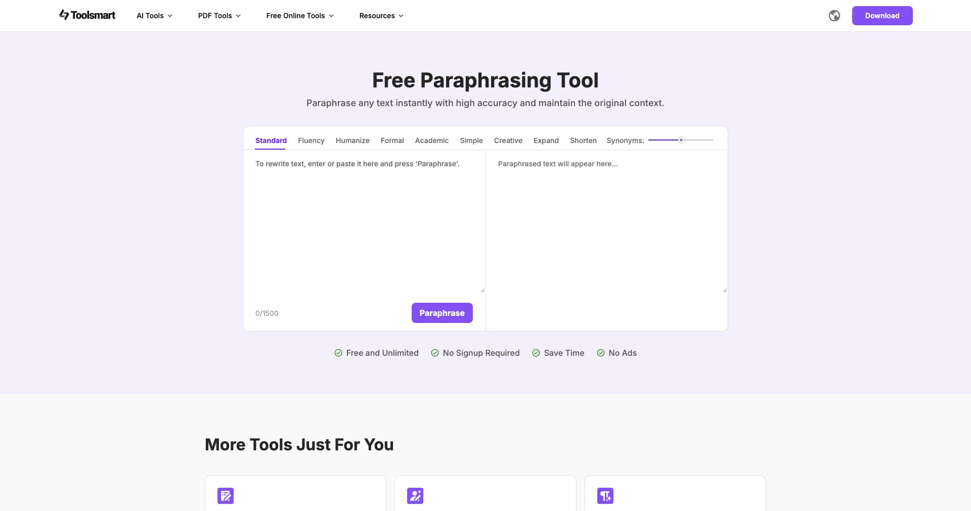 ToolSmart Free Paraphrasing Tool Screenshot