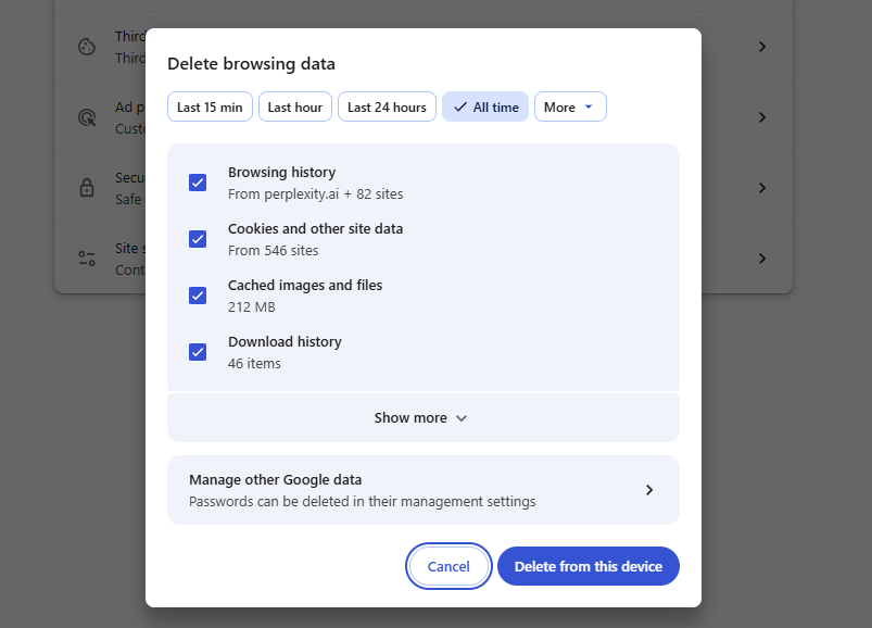 Windows Chrome delete browsing data