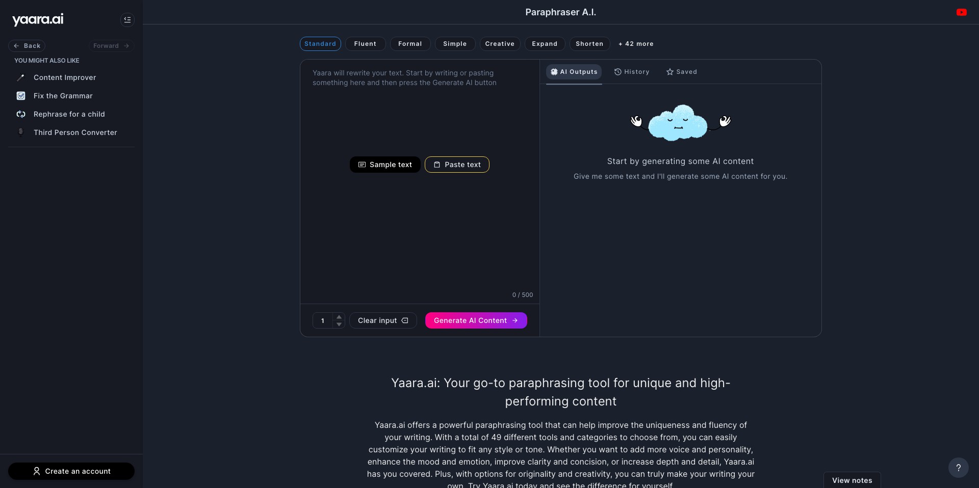 Yaara AI Paraphrasing Tool Screenshot