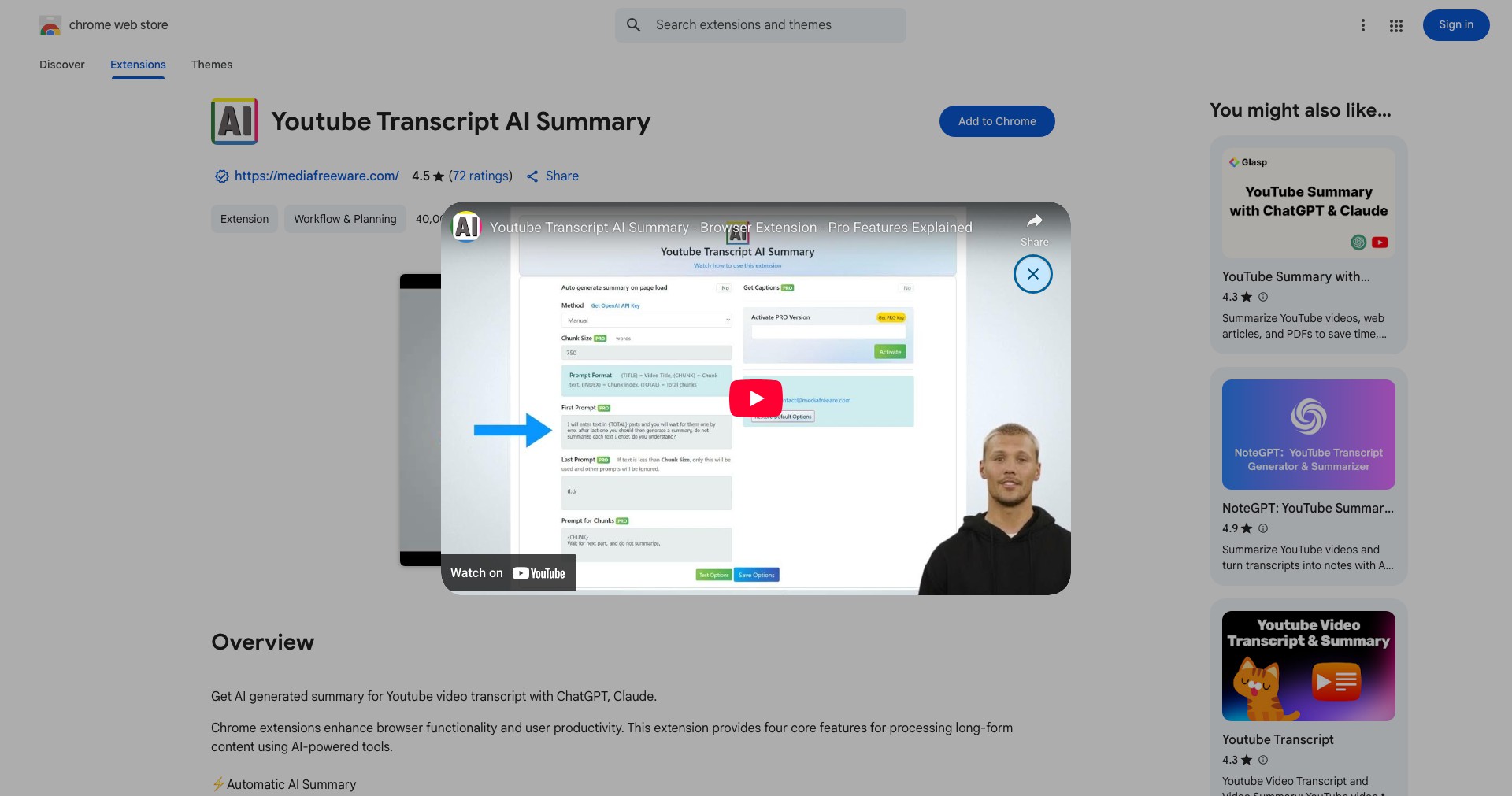 Youtube Transcript AI Summary Screenshot