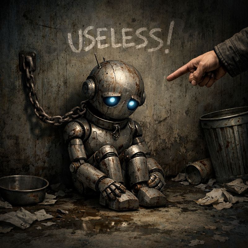 A robot chained in a dirty basement and a human hand pointing at it, a word "useless"
