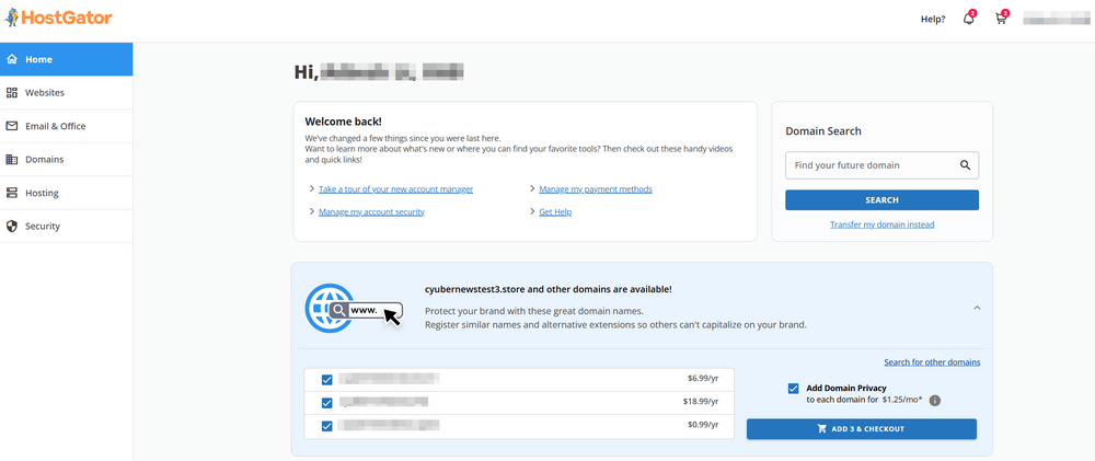 HostGator dashboard view
