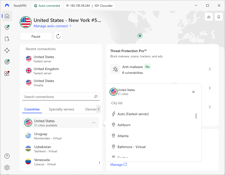 NordVPN US server list on app