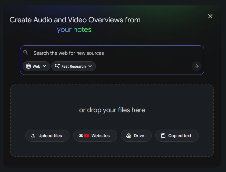 The input window for searching for new sources online or uploading them manually