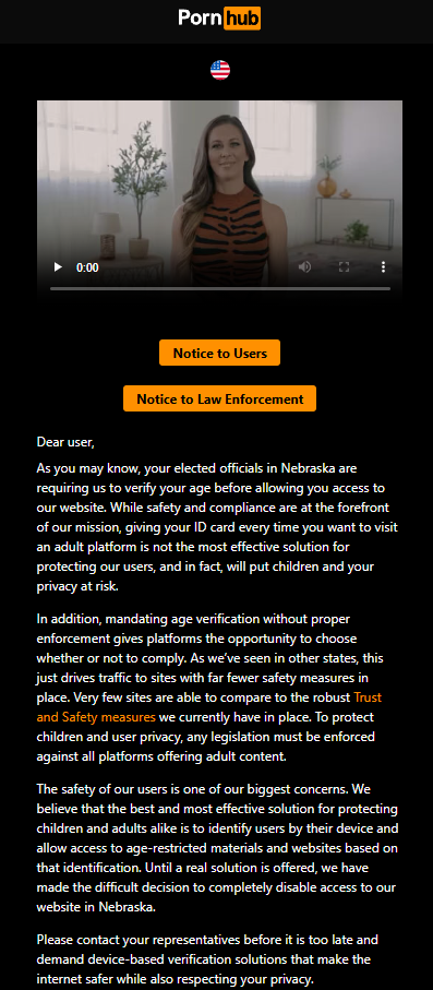 Pornhub message when visiting from Nebraska