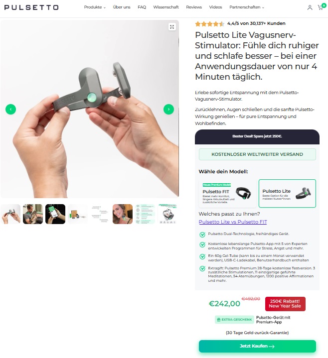 Pulsetto Produktseite,  Vagusnerv-Stimulator, Gutschein