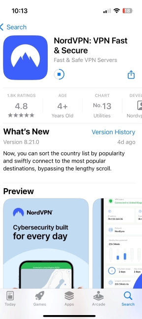 Download af NordVPN-appen fra App Store
