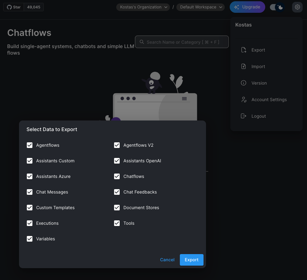 Flowise export selection screen