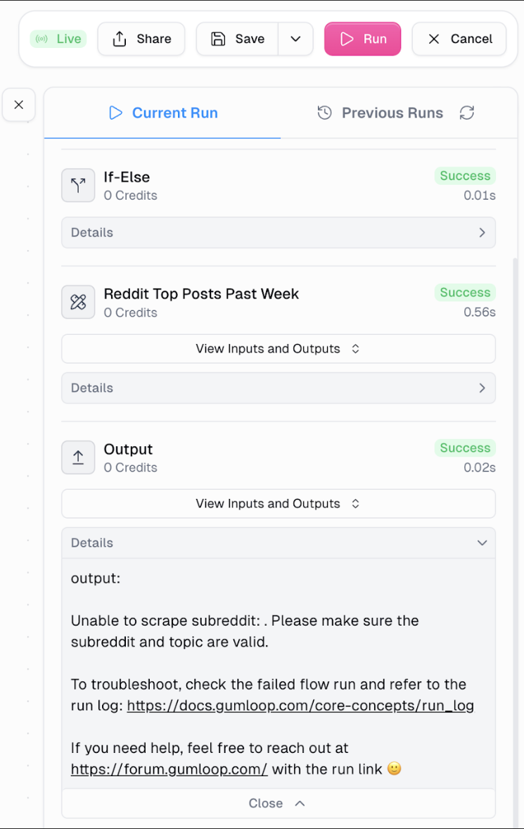 Gumloop’s logs and error messages for a running workflow