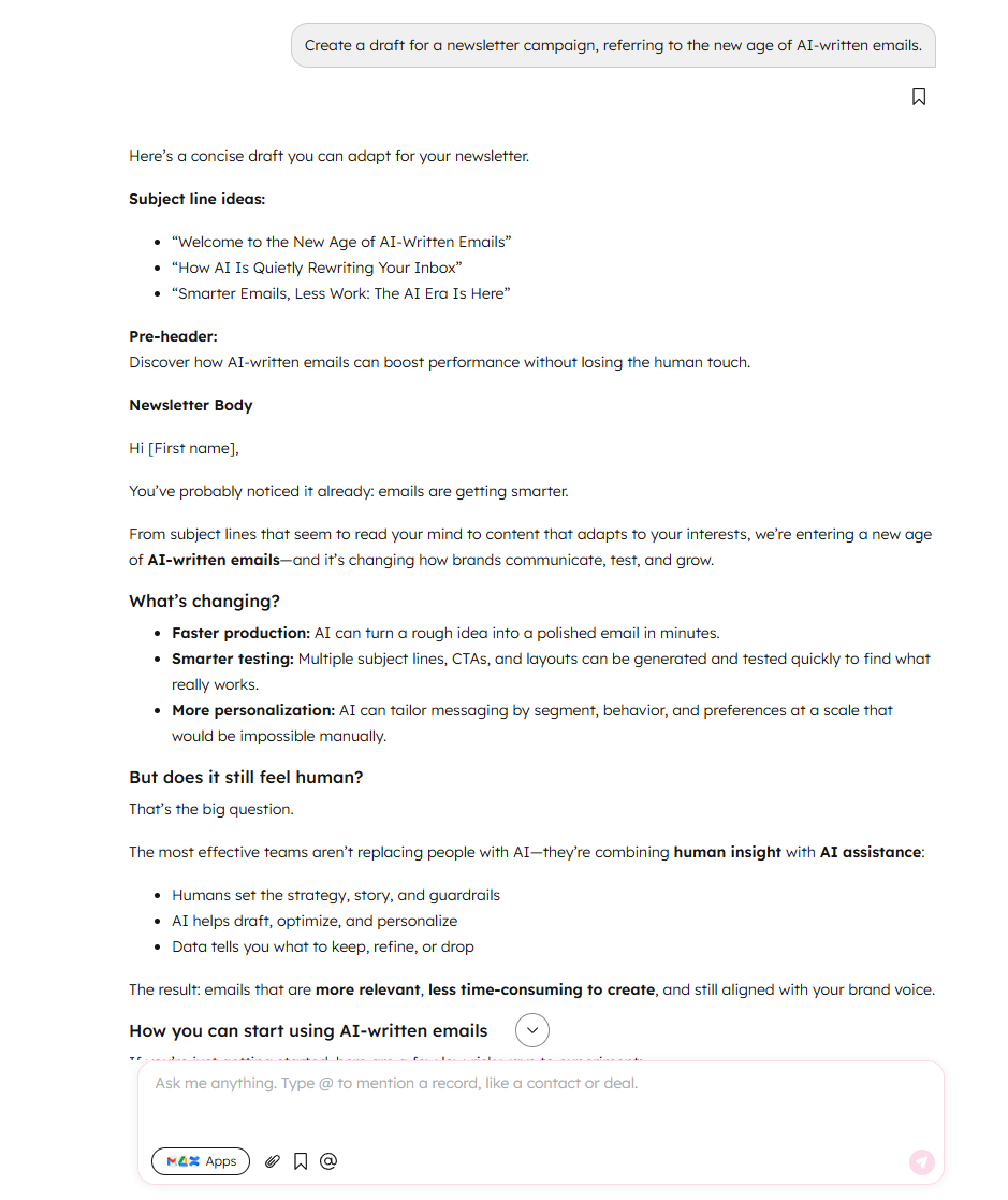 HubSpot AI chat window