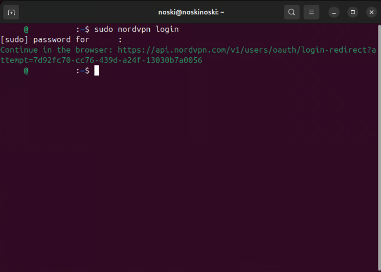 Login på NordVPN-konto via terminal