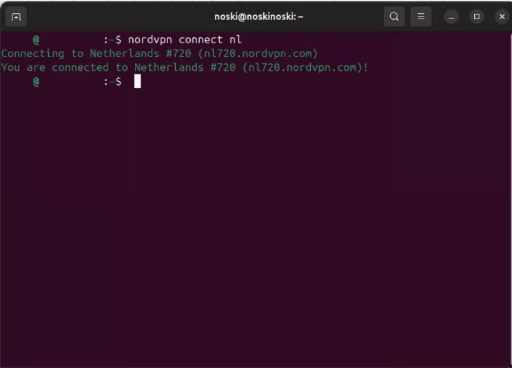 Opretter forbindelse til NordVPN-server i Holland via terminal