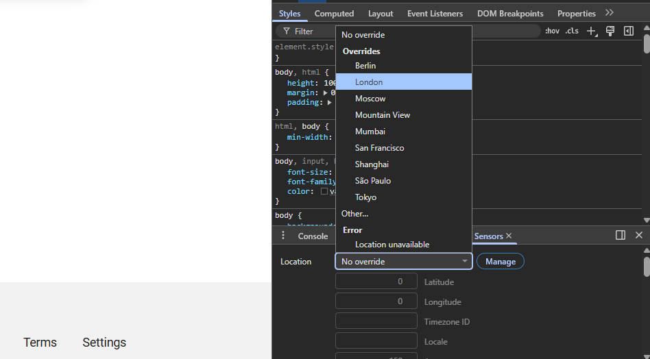 Location menu Chrome