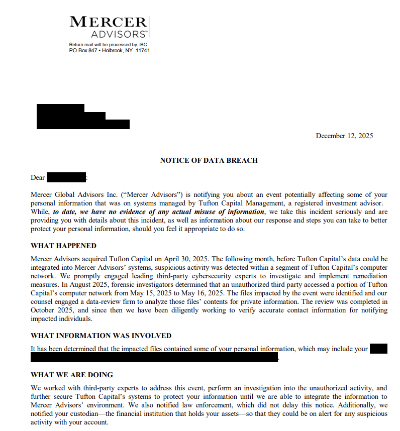 Mercer Advisors breach notice