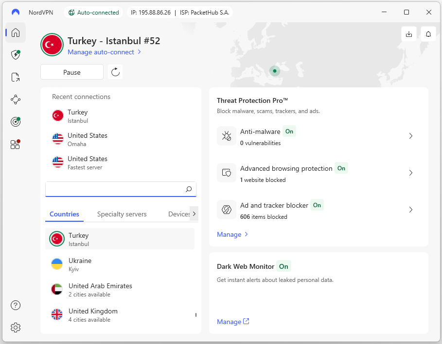 NordVPN app connected to a server in Turkey