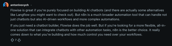 Reddit user review of n8n vs Flowise